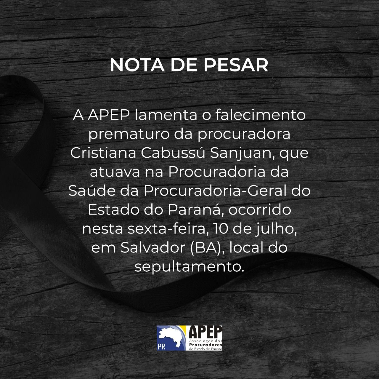 Nota de Pesar pelo falecimento da procuradora do Estado do Paraná Cristiana Cabussú Sanjuan
